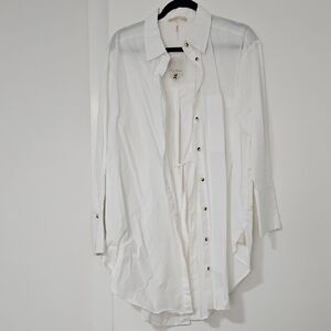 Free People White Longline Button-Down Shirt